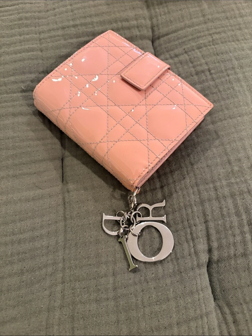Dior Pink Patent Leather Quilted Wallet with Keyring Charms